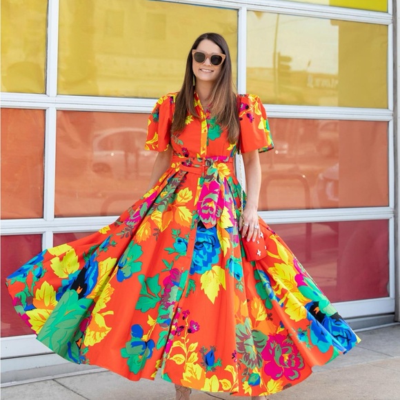 Floral Coral Maxi Shirt Dress with Belt - Picture 8 of 16